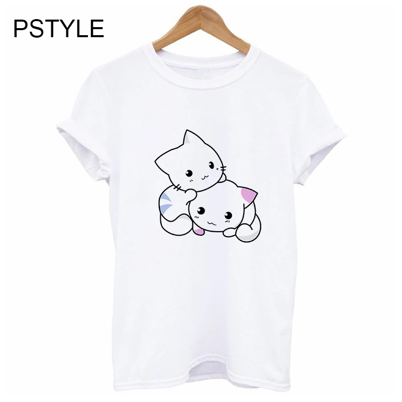 

Summer Female T Shirt Lovely Cat Print Funny T Shirts Harajuku Kawaii Short Sleeve Casual White Basic Tees Feminina Streetwear