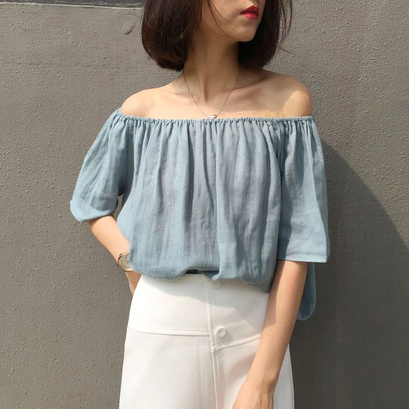 Newest Off The Shoulder Tops Vogue Summer Hot Sale Feminine Half Sleeve Slash Neck Casual Loose Blouse Shirt |