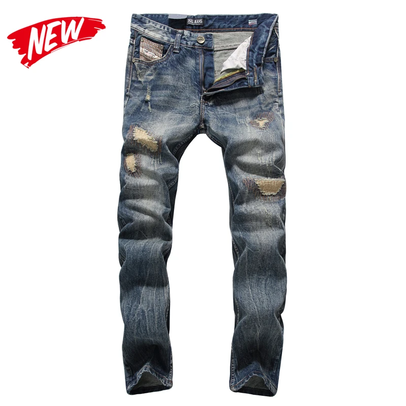 England Dark Jeans Men High Quality Slim Fit Designer Denim Patch Jeans Male Pants Brand Clothing Men`s Destroyed Jeans C704