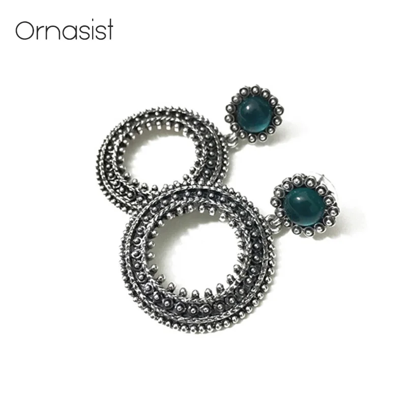 

Baroque Circle Drop Earrings For Women Party Gift Retro Antique Silver Color Green Opal Stone Dangle Earring Hyperbole Earring