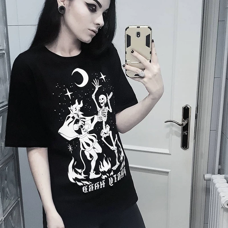 Скелет Хэллоуин футболка женская с черепом в стиле панк-рок графическая Футболка женская крутая женская футболка Топ Kawaii Camisetas Mujer