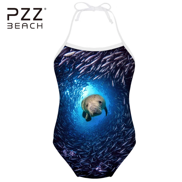 Cheap New 3D Digital Children's Swimwear One Pieces Girls Kid Bodysuit Swimming Sea Lion Pattern Bathing Suits Beachwear Sports 