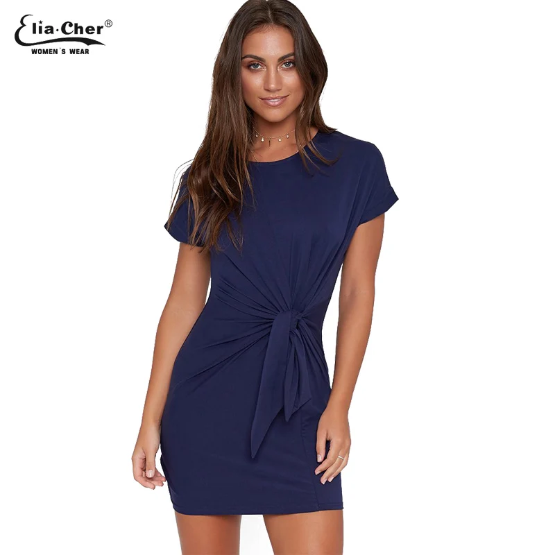 Модные летние Для женщин платья короткий рукав прямой Костюмы Elia Шер бренд Chic элегантные пикантные однотонные Цвет Повседневные платья 9115a - Цвет: Blue