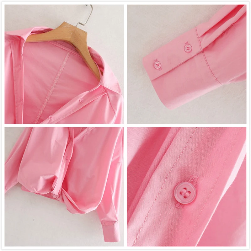 Розовая Сексуальная женская блузка, одноцветная, на пуговицах, с отложным воротником, офисные Рубашки, Топы, женские блузки с длинным рукавом, Женская сорочка