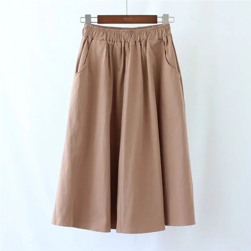 Летняя женская Шикарная новая хлопковая юбка с карманами, Студенческая Корейская версия однотонной повседневной модной юбки bf - Цвет: khaki