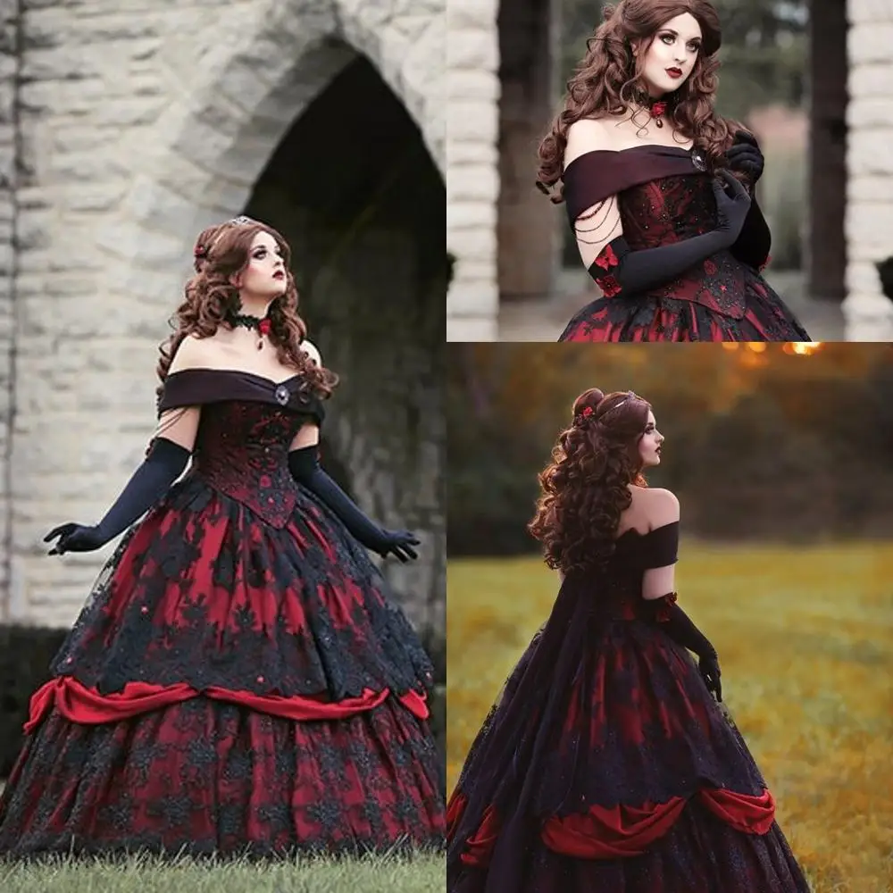 Abito da sposa in pizzo nero gotico Belle rosso corsetto con lacci Vintage  Steampunk la bella addormentata con spalle scoperte abito da sposa taglie  forti|Wedding Dresses| - AliExpress