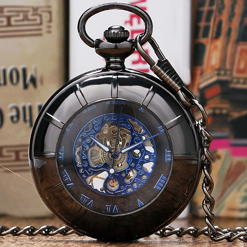 

New Arrival Black Hollow Case Blue Roman Number Skeleton Dial Steampunk Mechanical Pocket Watch With Chain Gift To Men Women