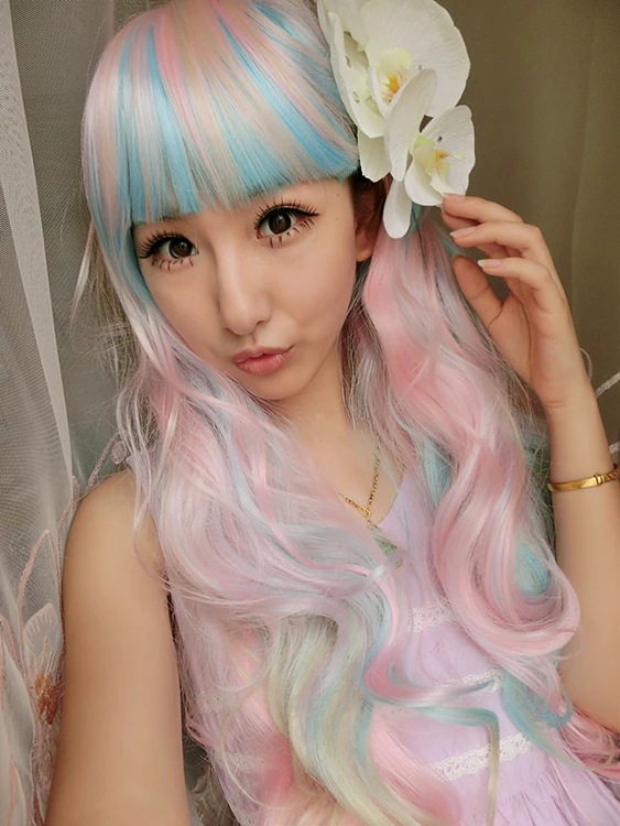 Pink Blue Harajuku Lolita Neat Bang Wig Femme Anime Ombre Cheap Cosplay