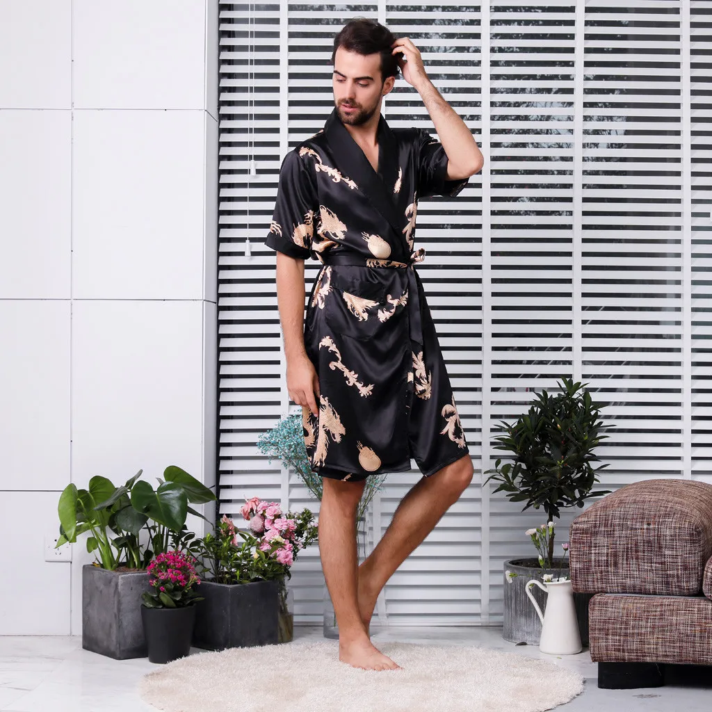 Hawcoar Summer Fashion Simulation Silk Long Section Sleeves Home Service Thin Men's Pajamas pijama hombre пижама мужская Z4 - Цвет: Черный