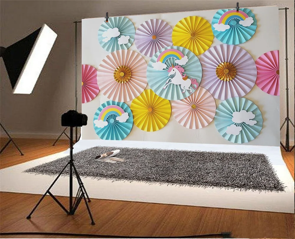 Laeacco Unicorn Rainbow Paper Flower Decor Party Baby Photography Backgrounds Customized Photographic Backdrops For Photo Studio