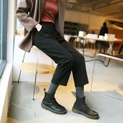 Зимние брюки женские шерстяные кнопки Fly Карманы Твердые Высокая талия Женская повседневная одежда Корейский плюс размер женщин черный