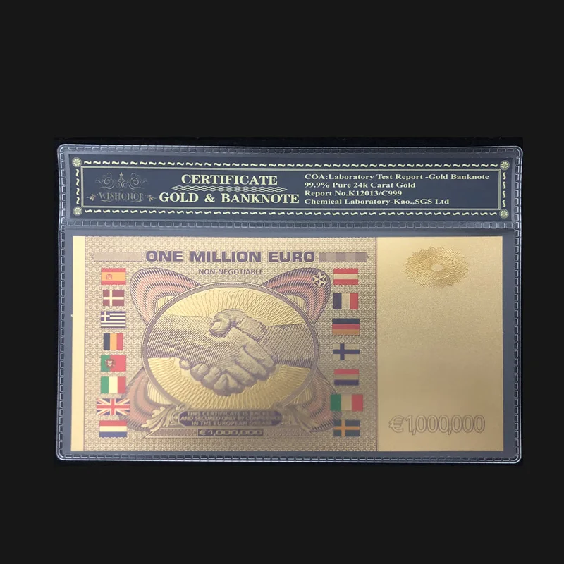 

Wishonor Colored Euro Gold Banknote One Million Euro Banknotes With COA Frame in 24 Gold Plated For Collection And Gifts