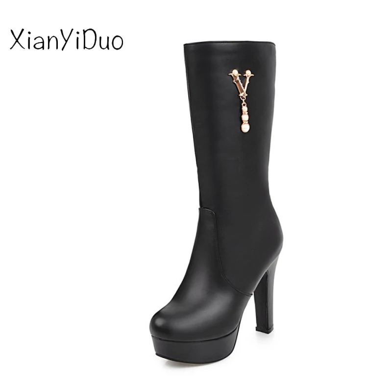 

Xianyiduo Spring/Autumn Women's Shoes Mid-Calf Boots Round Toe platform Zip Short Plush Super high Heels big size 34-47 /A-11
