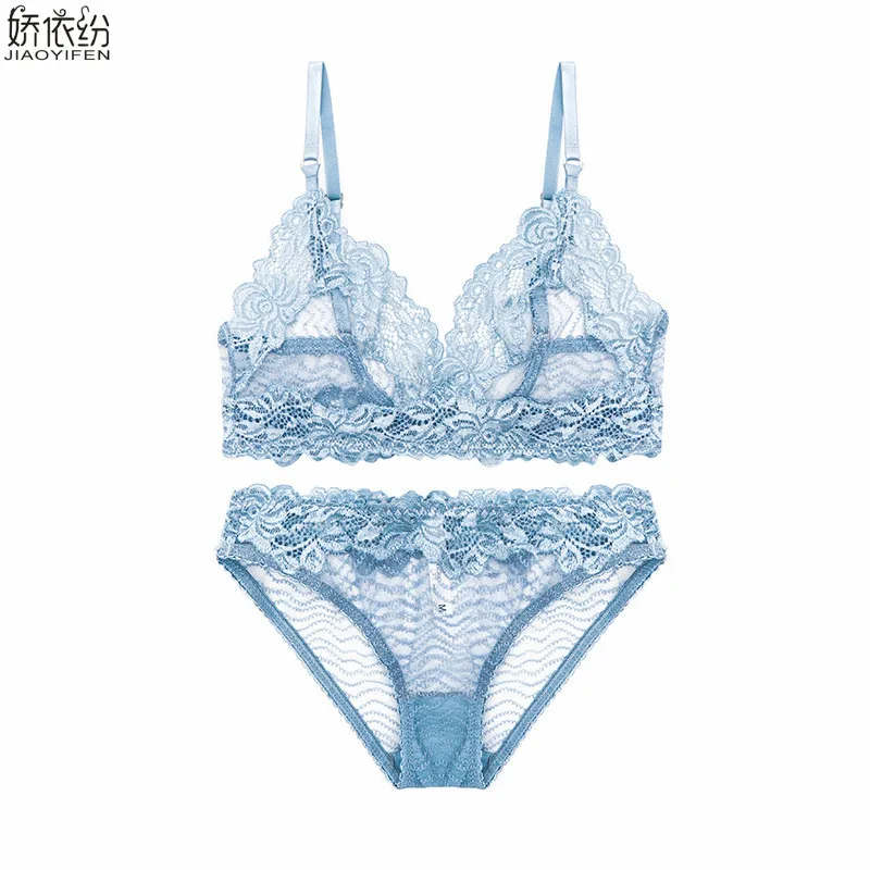 JYF Europe sexy women lace underwear set ultra thin semi sheer floral bra set elegant embroidery triangle cup lingerie sets