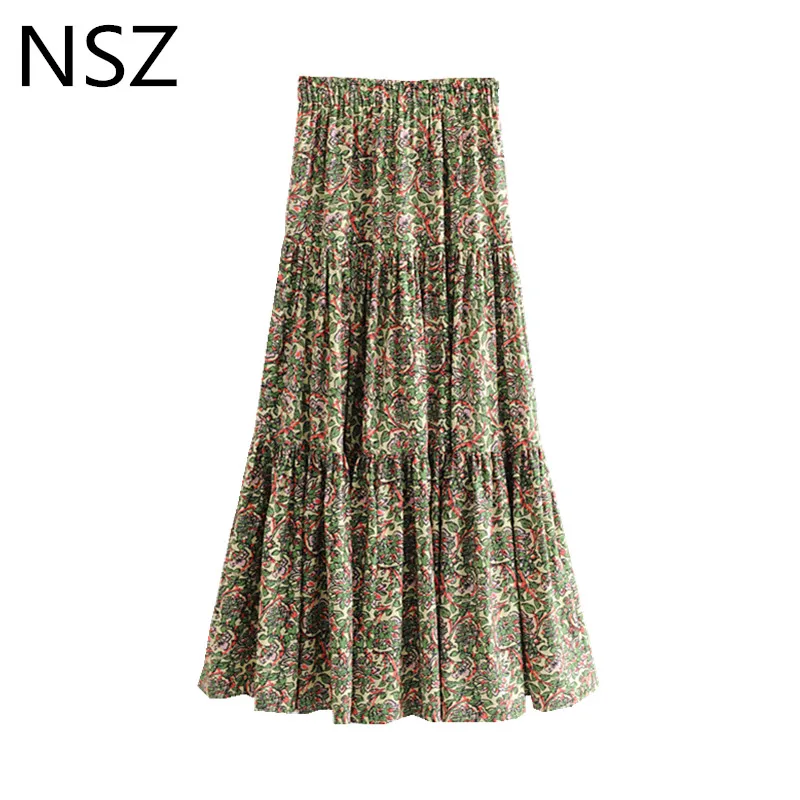 

NSZ Women Floral Print Long Maxi Skirt Elastic Waist Loose Pleated Patchwork Long Skirt Summer Beach Holiday Skirt
