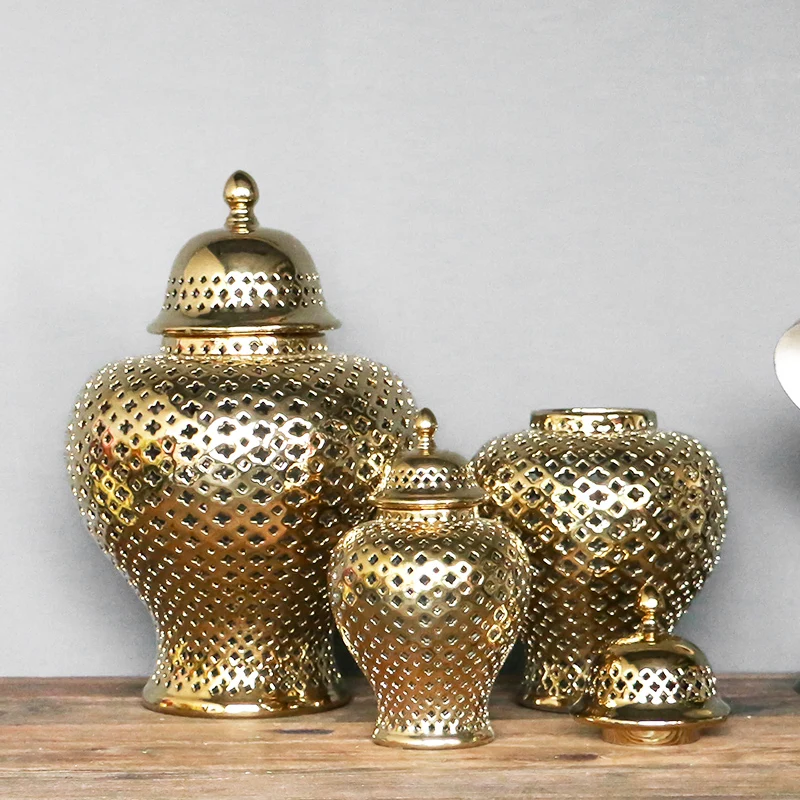 

Modern Hollows Gold And Silver Porcelain temple jar New Chinese Hotel Club Villa Creative Gifts ceramic jar vase