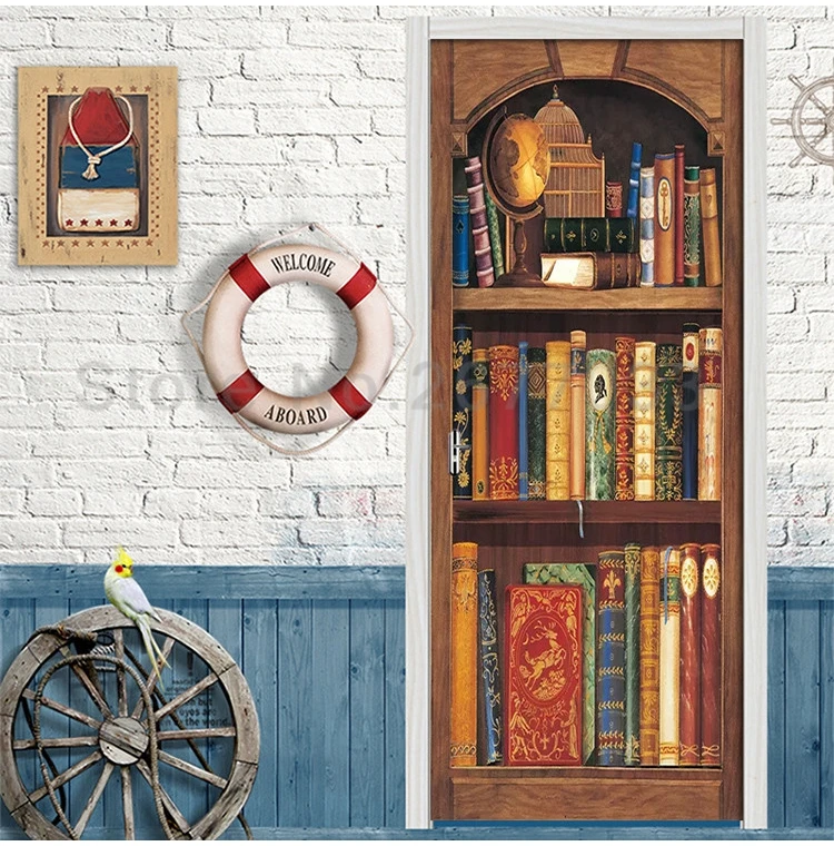 Креативные 3D винтажные наклейки на дверь для книжной полки, домашний декор, самоклеющиеся обои на дверь, водостойкая Фреска для спальни