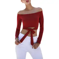 2018 с открытыми плечами короткие красные футболки Для женщин Весна длинным рукавом Твердые Леди бантом завязки Топы пикантные модные