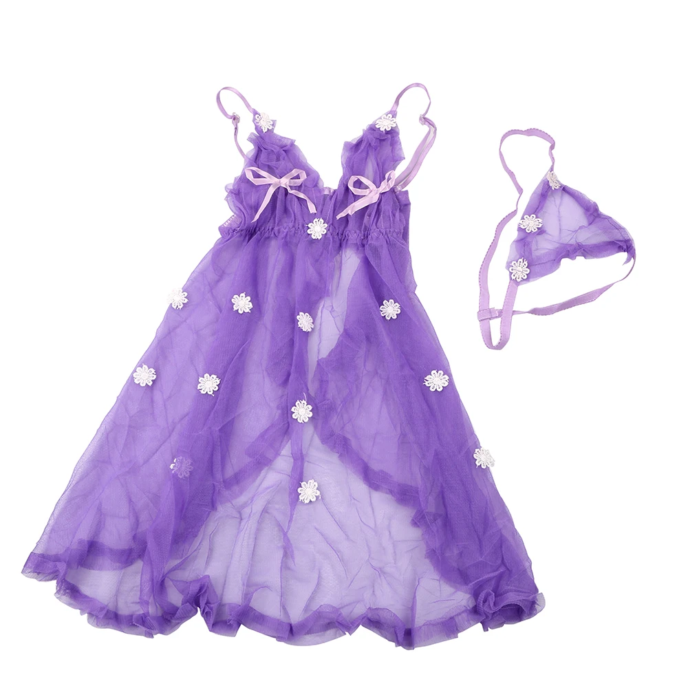 IKOKY, прозрачное сексуальное кружевное ночное белье, одежда для сна, открытая сорочка, эротическое белье, женское летнее платье для сна, Экзотическая одежда - Цвет: Light Purple