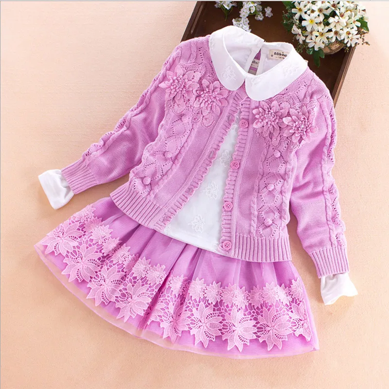 

Children's Clothing Set Winter Sweater Coat+shirt+skirt 3pcs Lace Flowers Kids Girls Cotton Clothes Roupas Infantis Menina