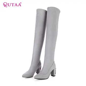 

QUTAA 2018 women over the knee high boots fashion slop on women shoes square high heel pointed toe ladies boots size 34-43