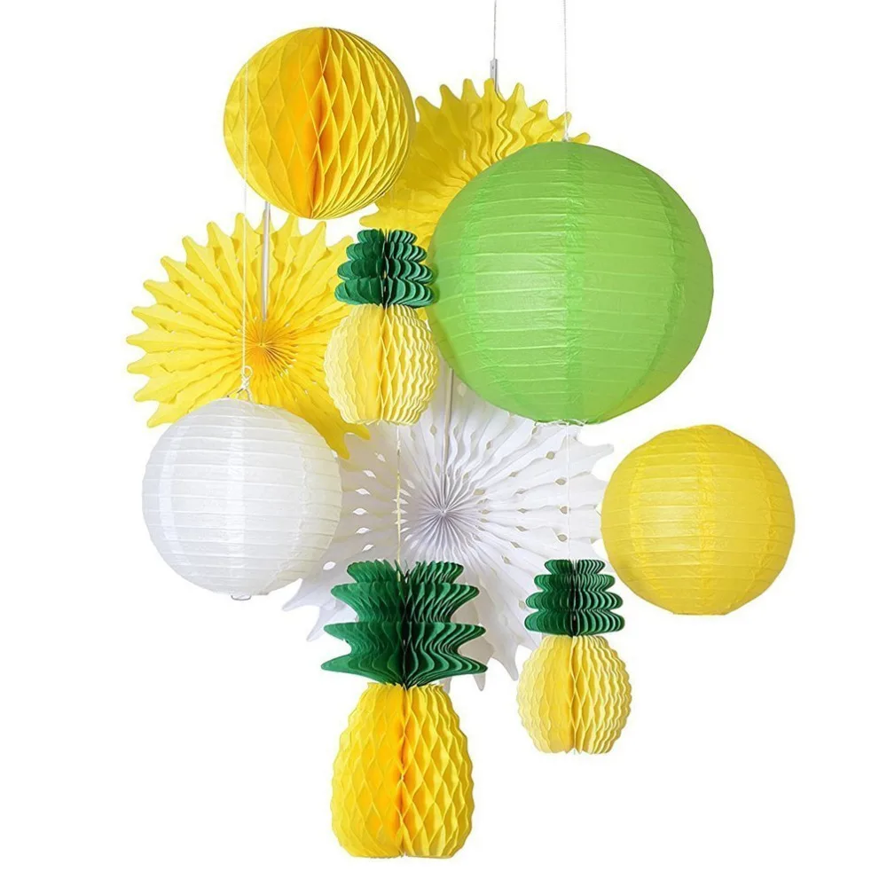

Tropical Summer Party Decoration Set (Yellow,Green) Honeycomb Pineapple Paper Lantern/Fans/Balls Luau Hawaiian Party Backdrop