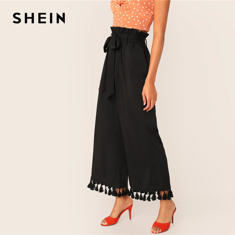 SHEIN черные однотонные бумажные штаны с поясом и кисточками на талии женские осенние широкие брюки Boho Длинные Леггинсы для женщин
