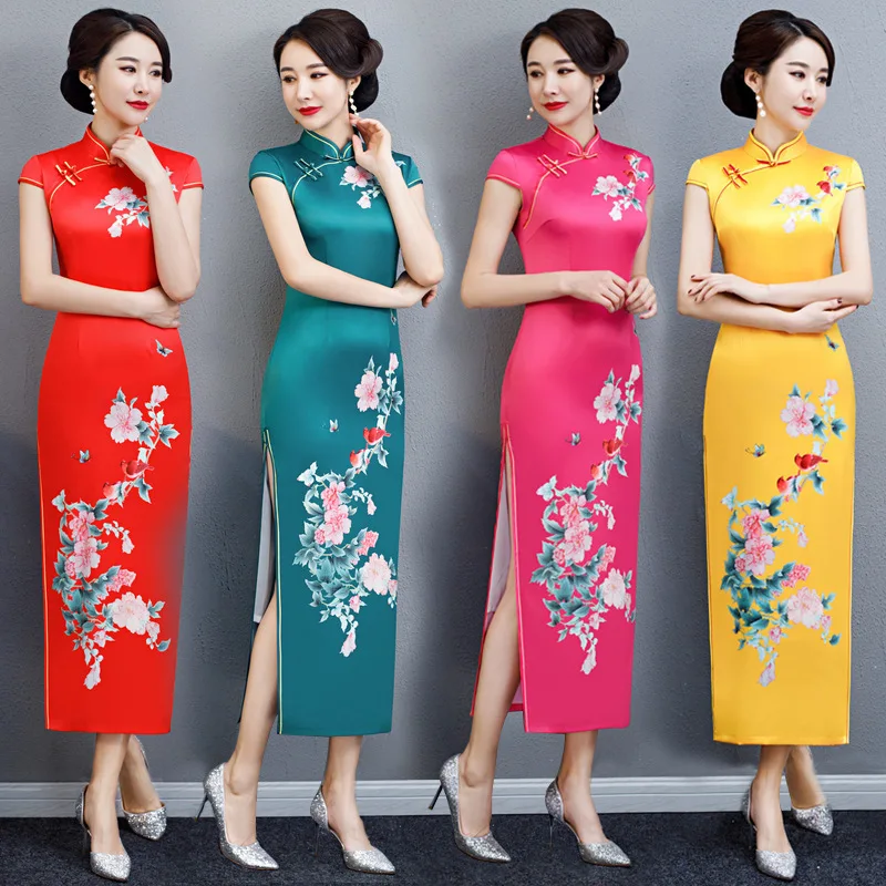 Весна 2019 Новый этикет услуги Улучшенная двойной воротник длинные шелковые qipao платье с короткими рукавами обязуется