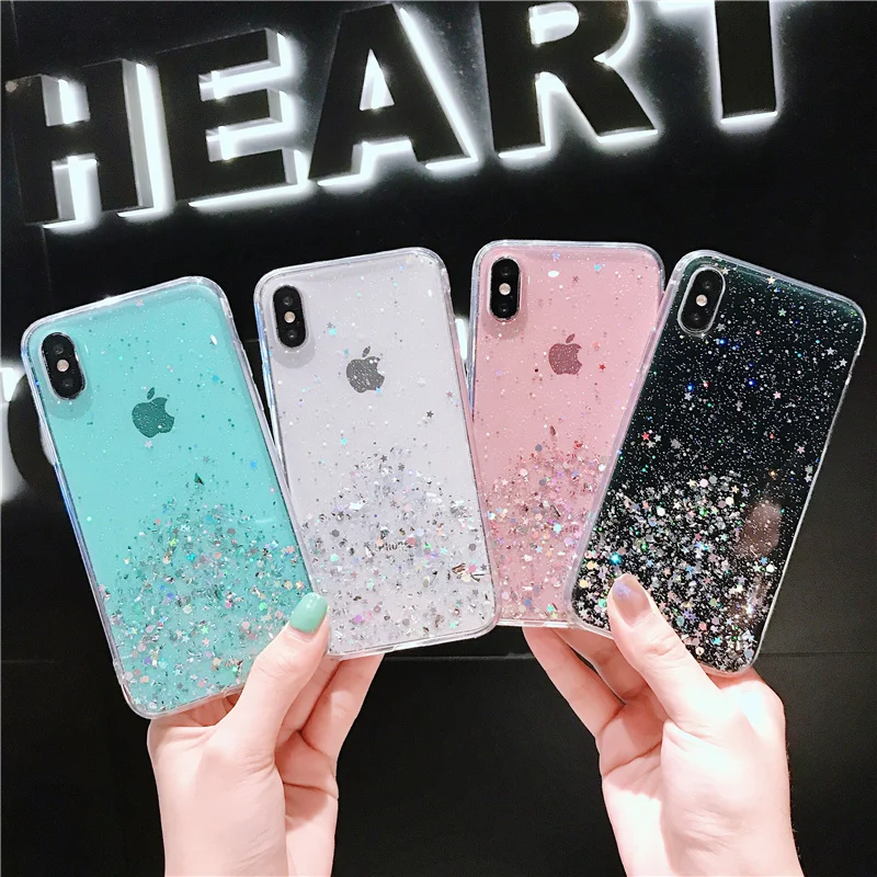 

Transparent Bling Starry Sky Glitter Phone Case for iPhone X XR XS Max 7 8 6 S 6S Plus Crystal Sequins Soft Silicone Back Cover