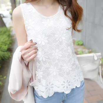 

Women White Blouse Shirt Femininas Summer Woman Lace Elegant Sleeveless Blusas Crochet Casual Shirts Tops Plus Size 3XL 4XL