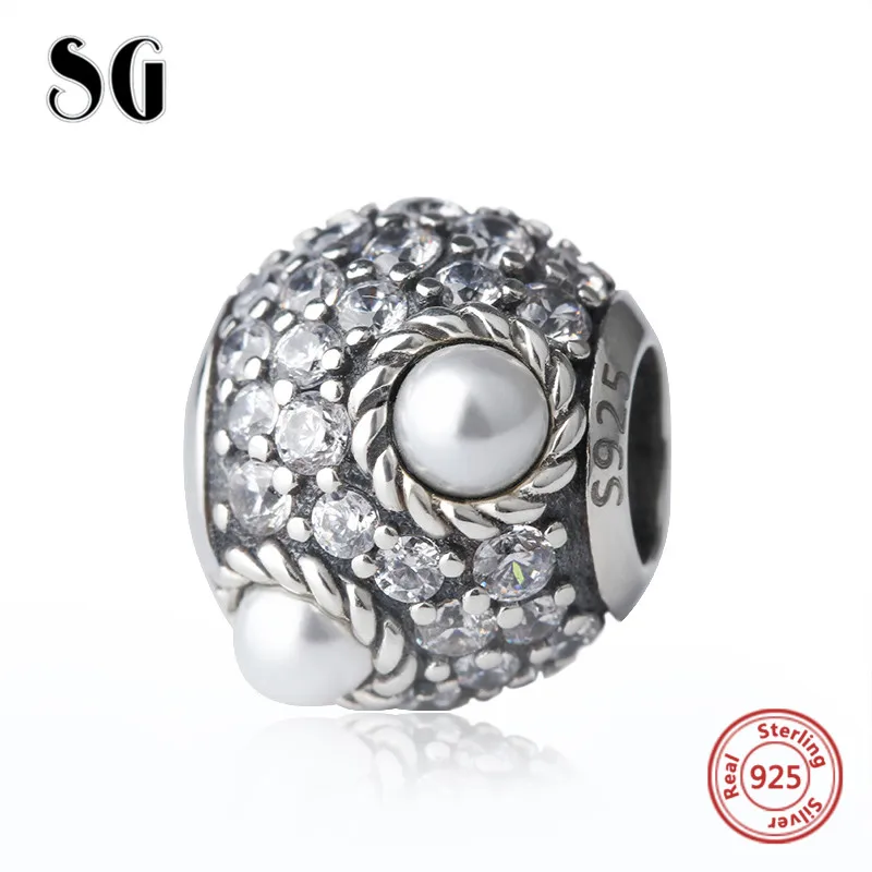 

SG original luxury round charms Beads with pearl and CZ stone Silver 925 Fit authentic European bracelet jewelry accessory Gift