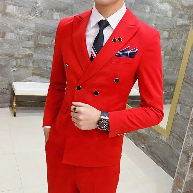 Black Gray Orange Red Royal Blue Yellow Suit Men Double Breasted Slim ...