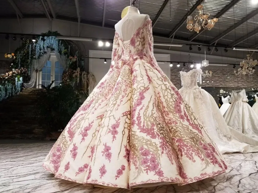 CloverBridal высокое качество обнаженная атласная розовая Золотая кружевная vestido 15 anos vestido quinceanera длинные платья бальное платье с длинными рукавами