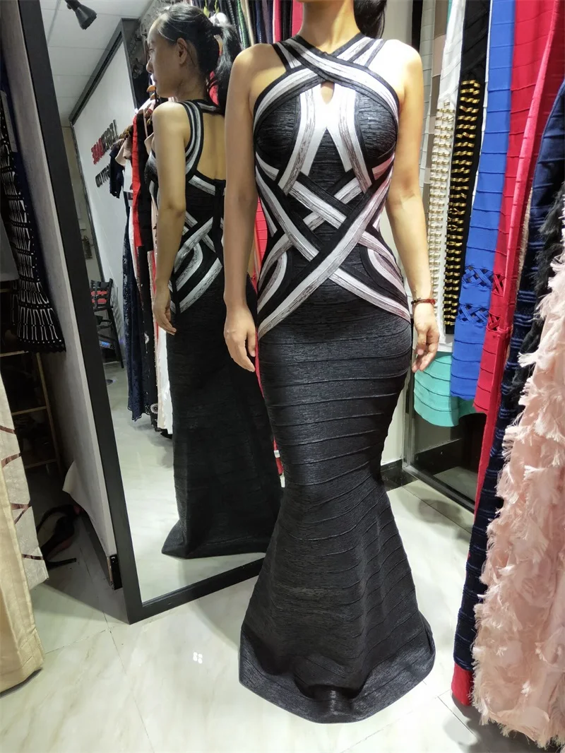 

Top Quality 2018 New 90% Rayon Bandage Long Dress HL Fashion Foil Printing Luxury Celebrity Evening Women Party Mermaid Dresses