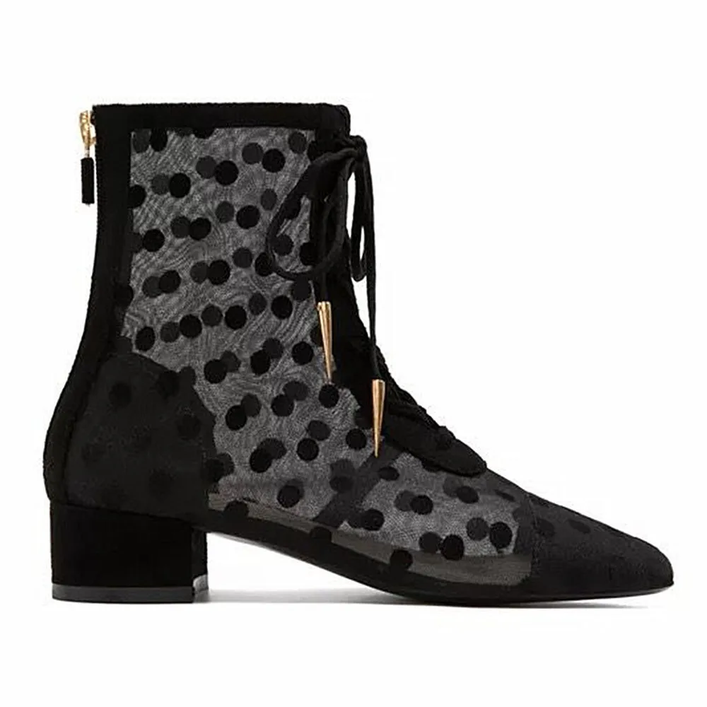 

2018 Spring Autumn Breathable Mesh Sand Wave Point Cross Strap Back Zipper Middle Heel Square Head Fashion Sexy Women's Boots