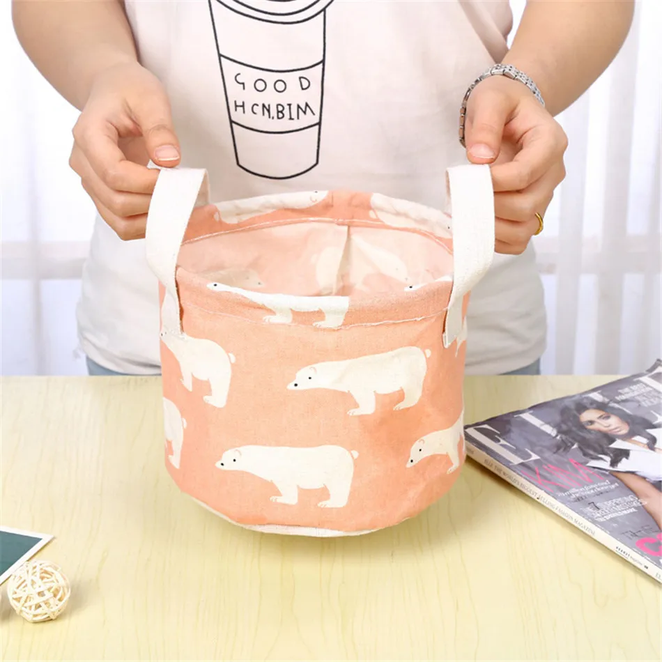 Cute Printing Cotton Linen Desktop Round Storage Organizer Sundries Box Cabinet Underwear Jewelry Cosmetic Stationery Basket (9)