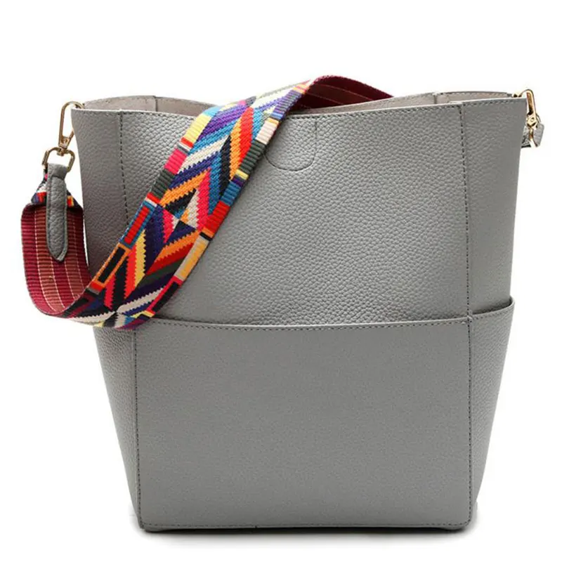 Роскошная брендовая дизайнерская сумка-мешок, женская кожаная сумка на плечо с широким цветным ремнем, Большая вместительная сумка через плечо для покупок - Цвет: grey
