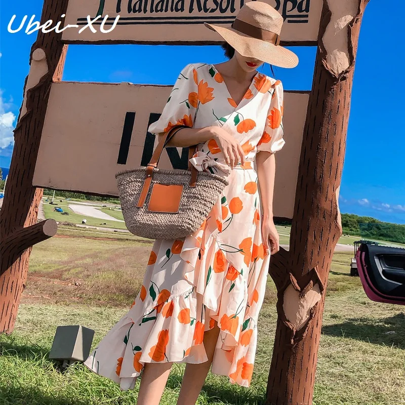 

Ubei Tulip print dress women summer high waist belt irregular flounce dress fashion V-neck chiffon dress