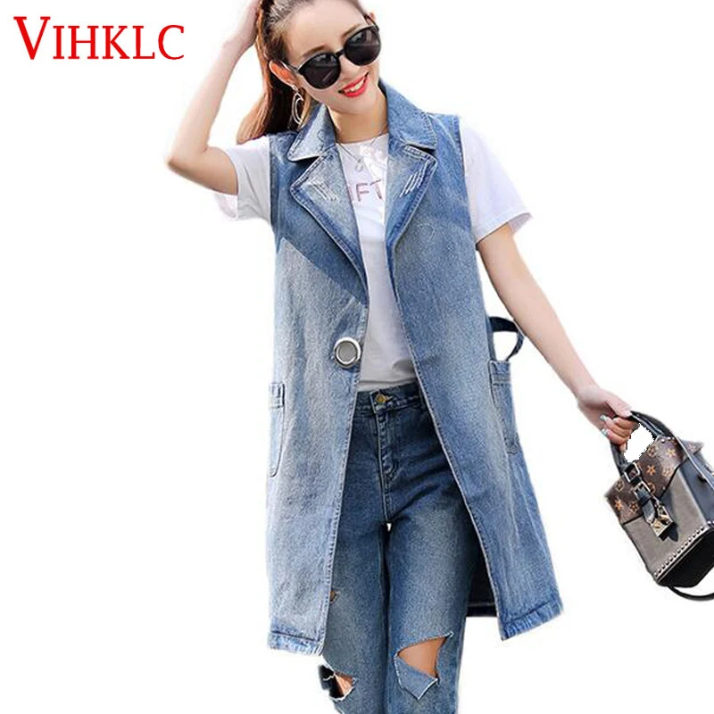 Denim Vests New Women Ripped Plus Size Long Summer Waistcoat Turn down