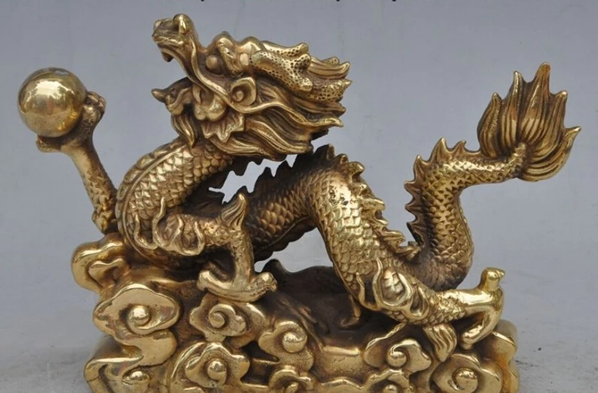 

9"Chinese fengshui Lucky brass zodiac success Run Dragon Play bead Animal Statue