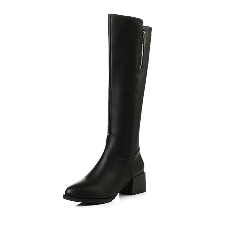 

Women Winter Boots Female Platform Zipper Genuine Leather Warm Mid-Calf Boots Lady Pointed Toe Square Heel Boots Women Shoes