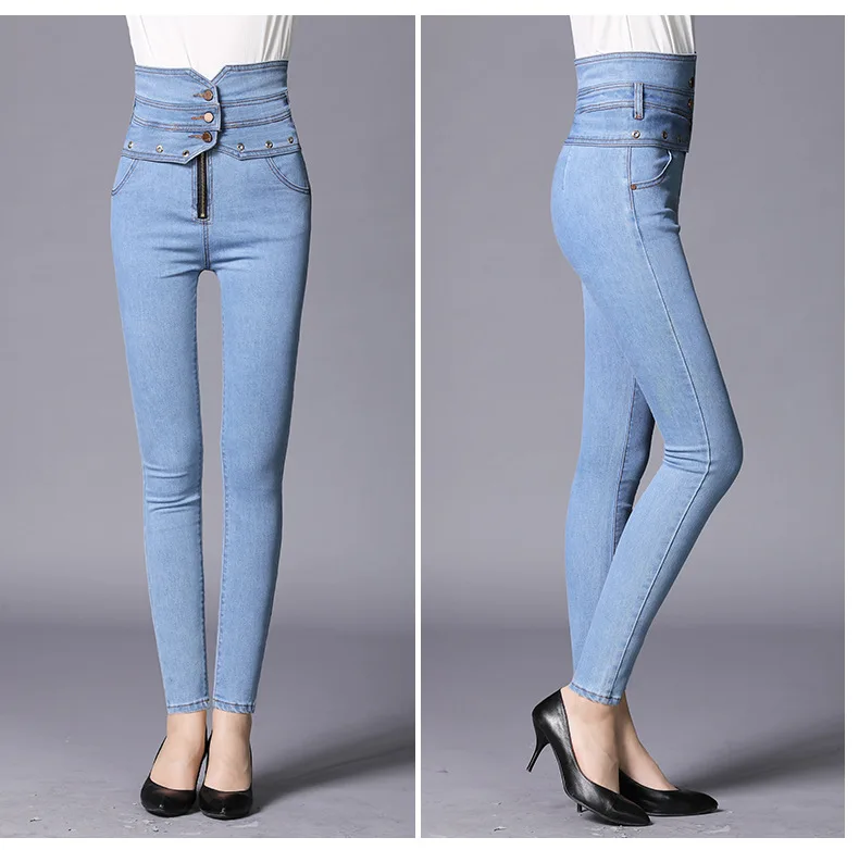 Sokotoo Для женщин Экстра Высокая талия заклепки узкие Джеггинсы Большие Размеры черный синий серый стрейч джинсы брюки