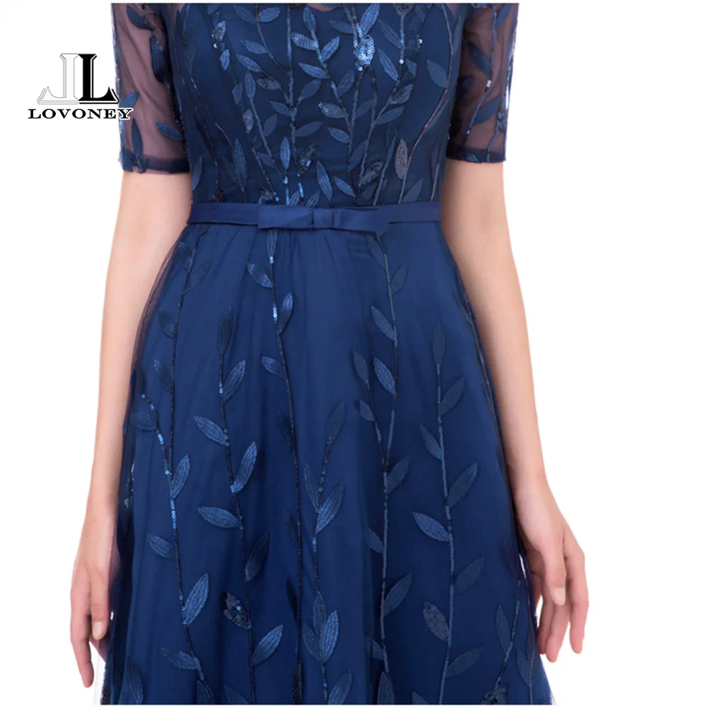 LOVONEY Elegant Leaf Pattern Evening Dress Long 2018 New Arrival Half Sleeves Prom Party Dresses Formal Dress Women Gown M212D