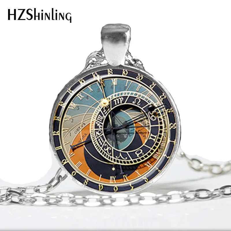 

HZ--A85 Glass Photo Jewelry Pendant Astronomical Clock Gray Light Blue Peach Cream Zodiac Signs Astronomy Clock Necklace HZ1