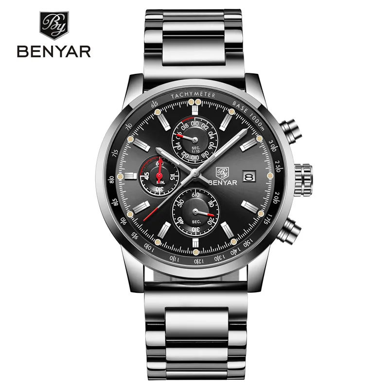 Мужские часы Reloj Hombre BENYAR брендовые модные спортивные Кварцевые водонепроницаемые наручные часы с хронографом мужские часы BY-5102M - Цвет: steel black box
