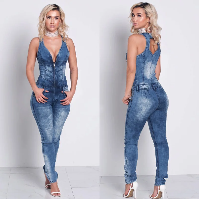 

Denim Overalls Womens Jean Jumpsuits Washed Jeans Denim Casual Backless Rompers Zipper Deep V Neck Slim Fit One-piece Long Pants