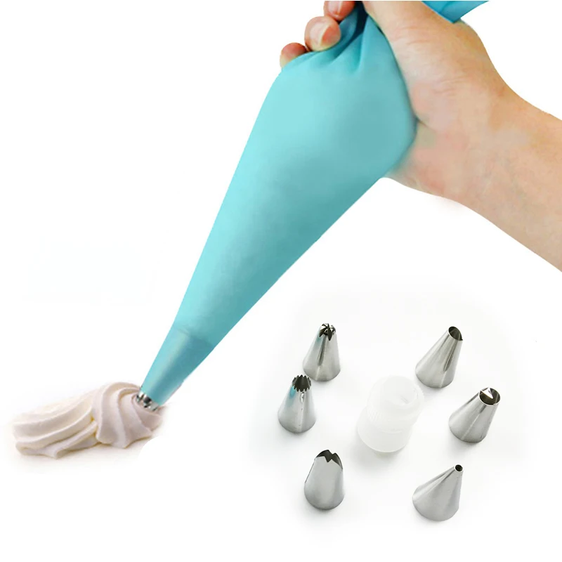 

8Pcs/Set Silicone Icing Piping Cream Pastry Bag +6PCS Stainless Steel Nozzle Pastry Tips Converter DIY Cake Decorating Tools