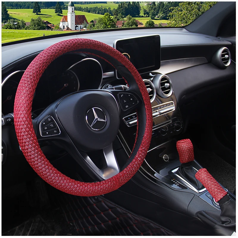 

KKYSYELVA 3PCS New Leather Car Steering Wheel Cove r Red 38cm Diameter Universal Size Car inner accessories Auto wheel covers
