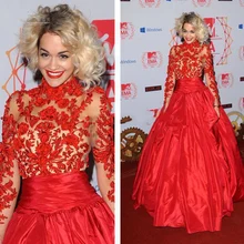 Fabluous Бальное платье Удивительный Знаменитости Платья Высокий Воротник Sheer Длинным Рукавом Аппликация Украшенные Вечерние Платья Пром Платье