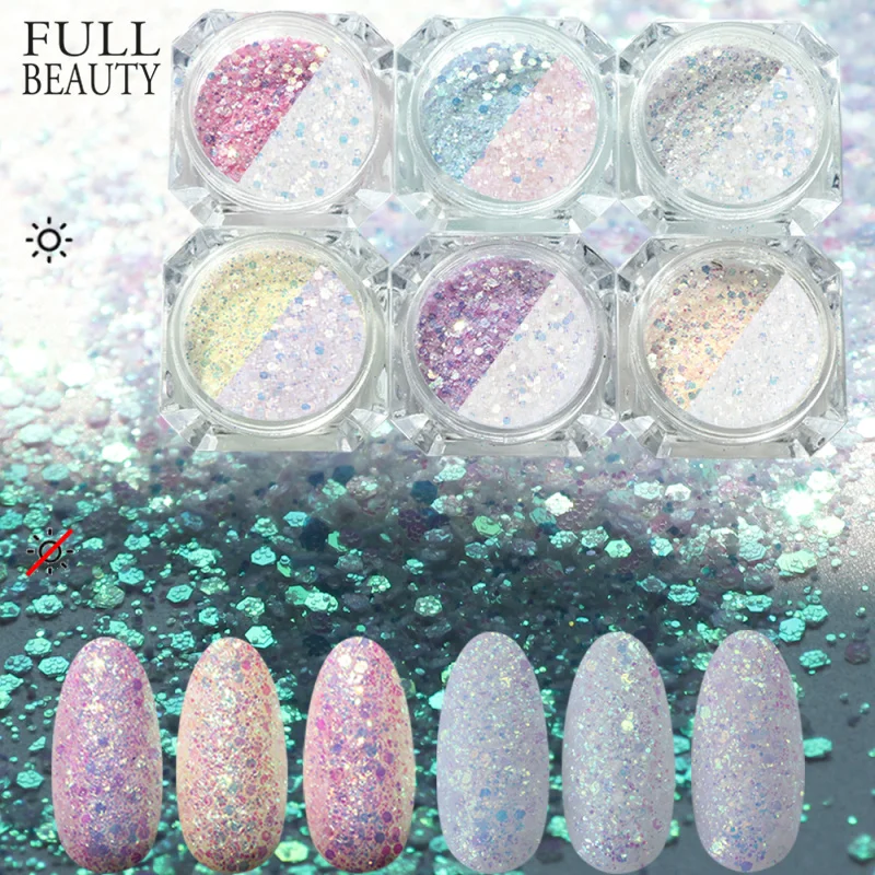 

6pcs Sunlight Sensitive Powder Nail Glitter Sequins UV light Changing Color Mix Hexagon Flake Manicure Decor Nail Art Tip CH722
